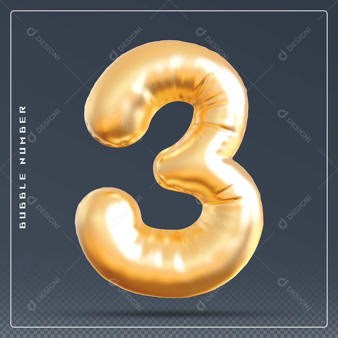 Elemento 3D Número 3 Dourado para Composição PSD