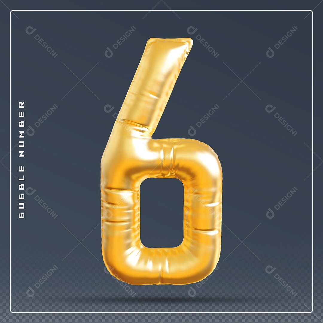 Elemento 3D Número 6 Dourado para Composição PSD