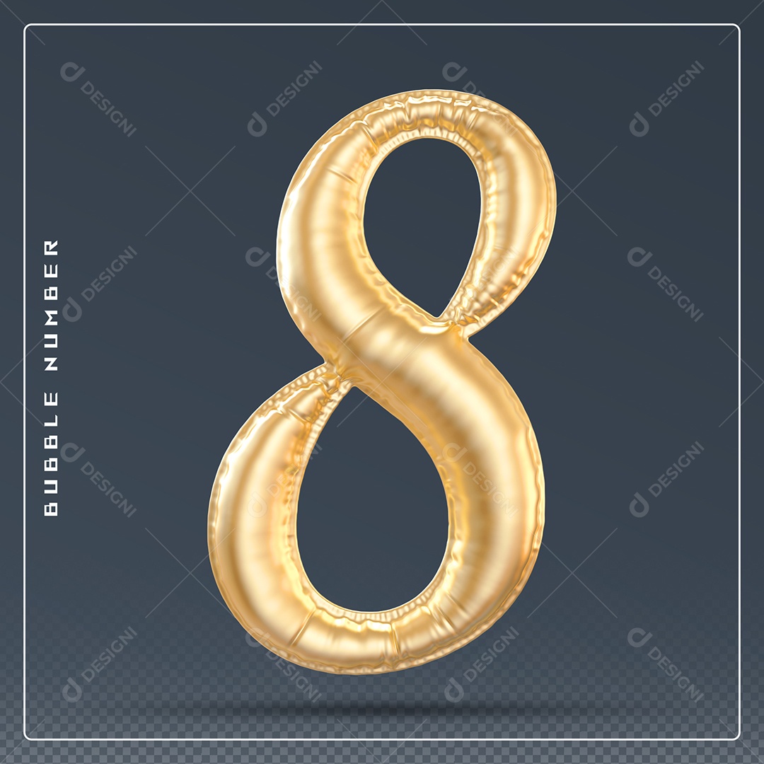 Elemento 3D Número 8 Dourado para Composição PSD