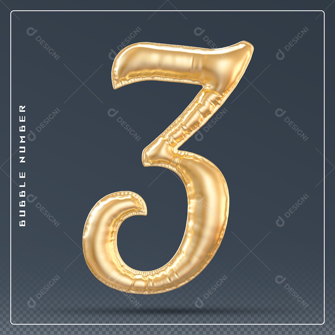 Elemento 3D Número 3 Dourado para Composição PSD