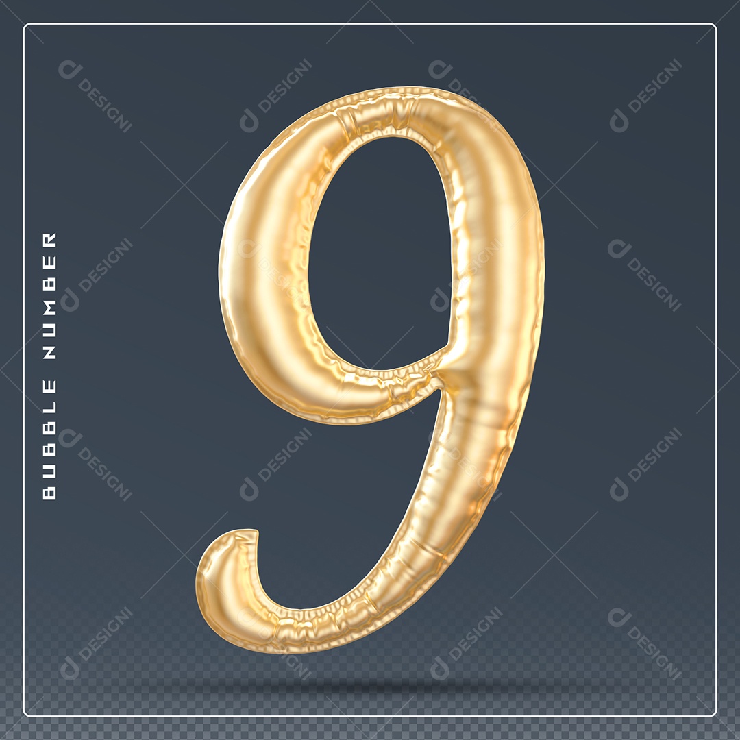 Elemento 3D Número 9 Dourado para Composição PSD