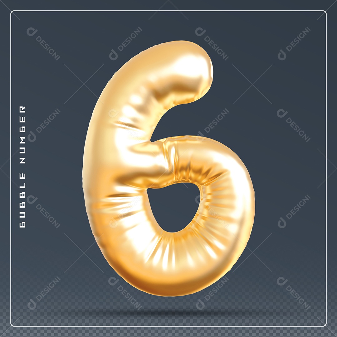 Elemento 3D Número 6 Dourado para Composição PSD