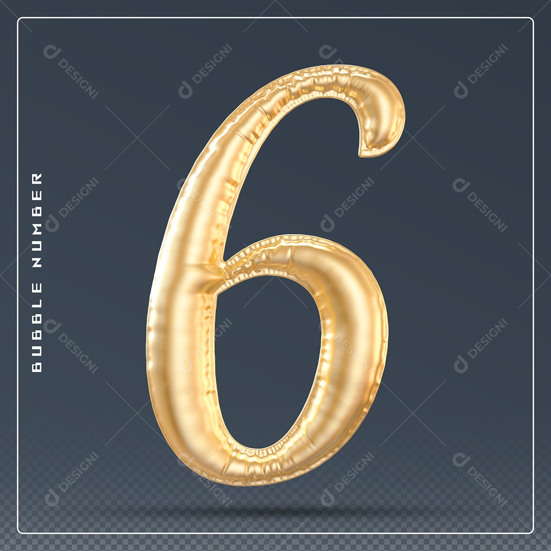 Elemento 3D Número 6 Dourado para Composição PSD
