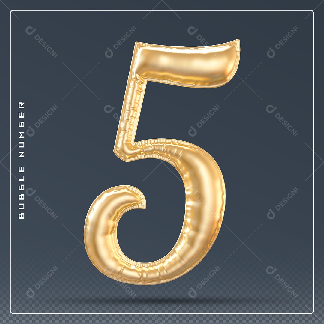 Elemento 3D Número 5 Dourado para Composição PSD