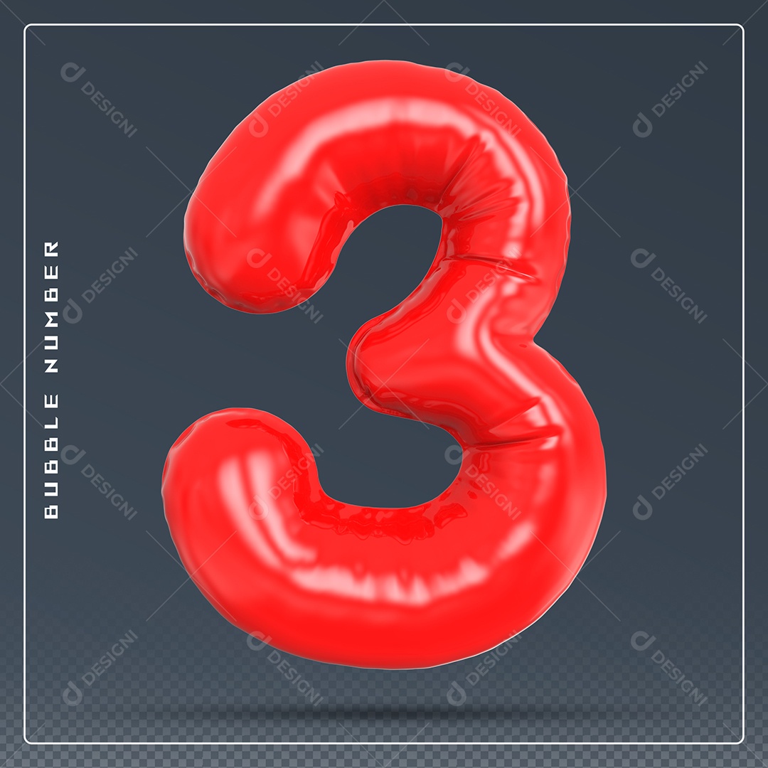 Elemento 3D Número 3 Vermelho para Composição PSD