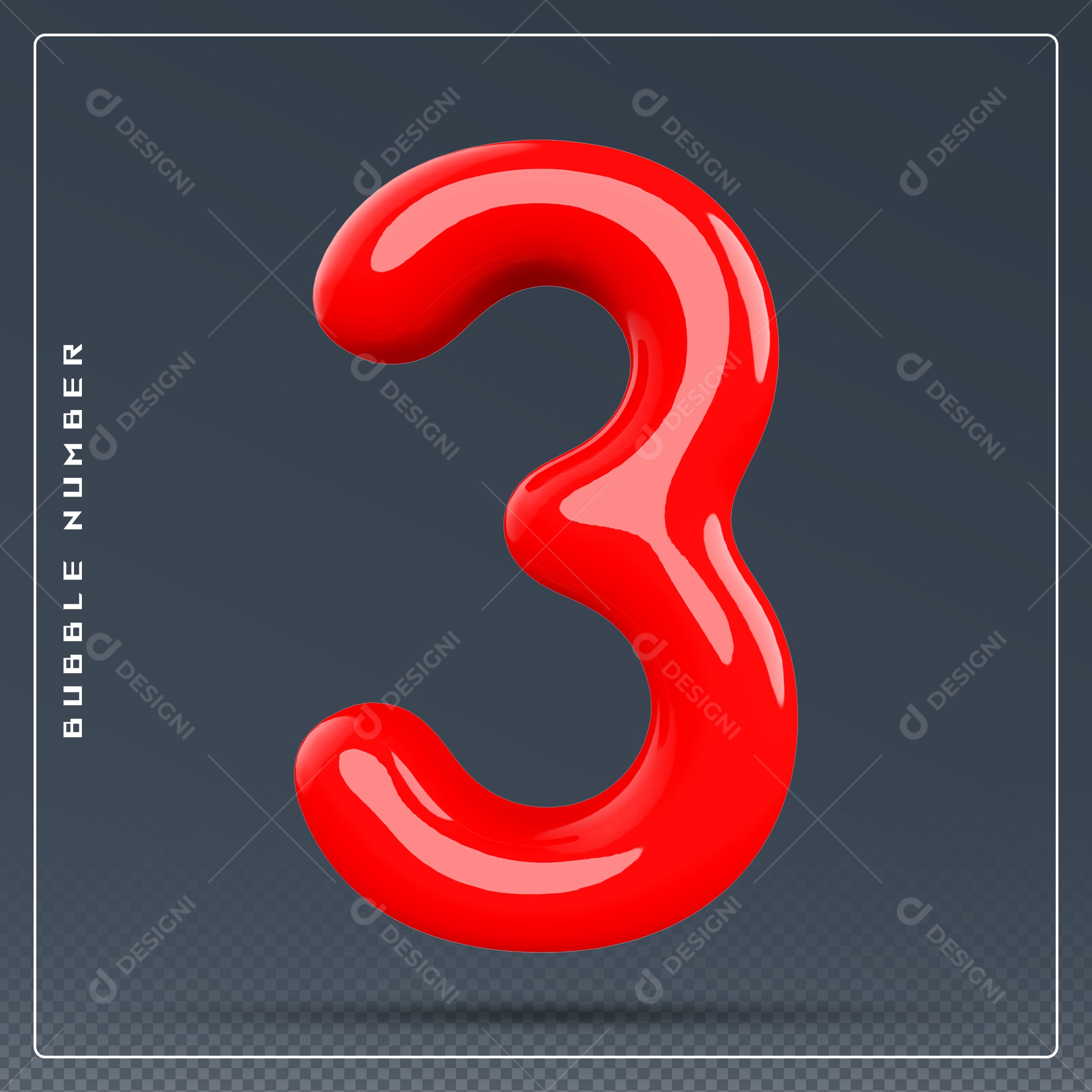 Elemento 3D Número 3 Vermelho para Composição PSD