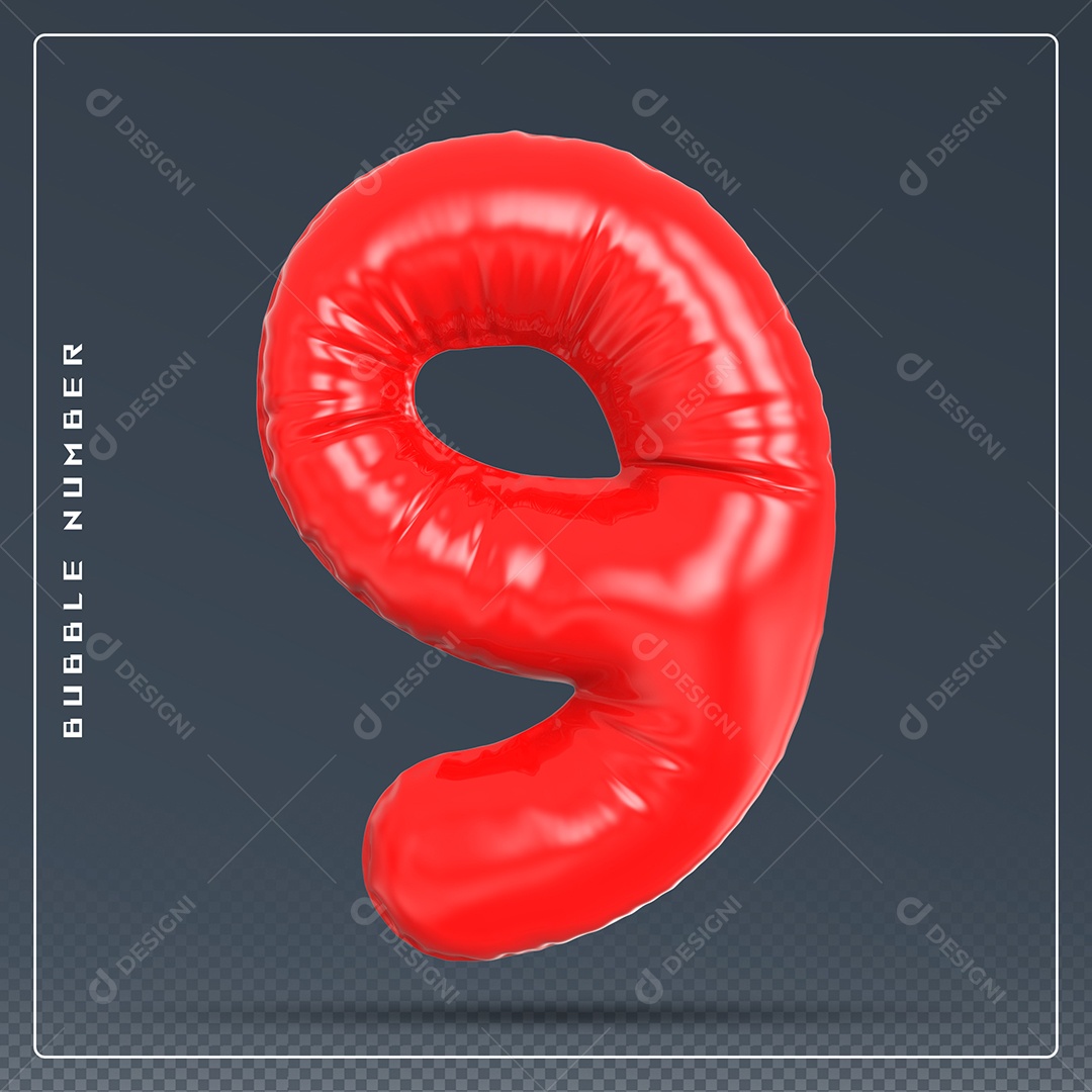 Elemento 3D Número 9 Vermelho para Composição PSD