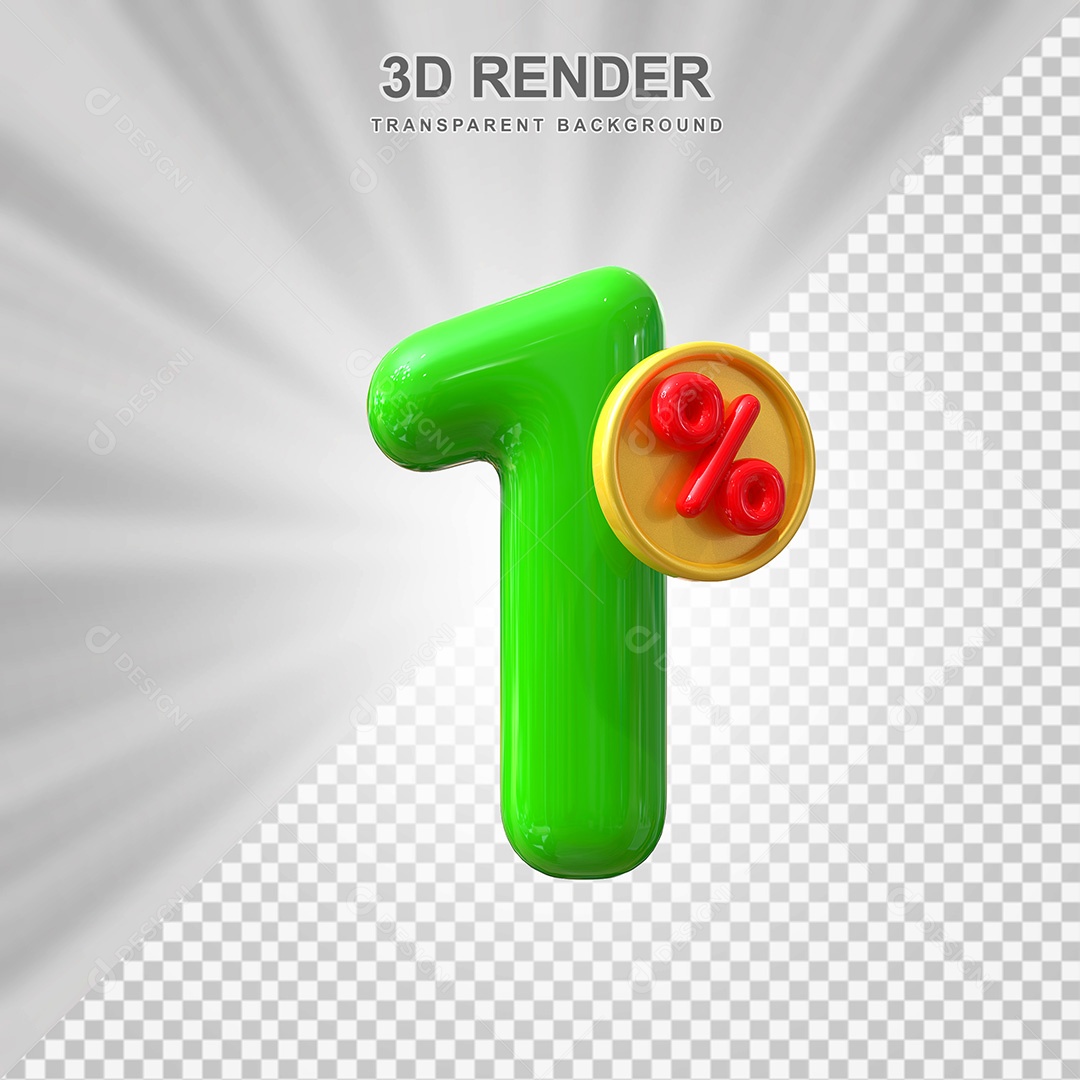 Elemento 3D Número 1% Verde Para Composição PSD