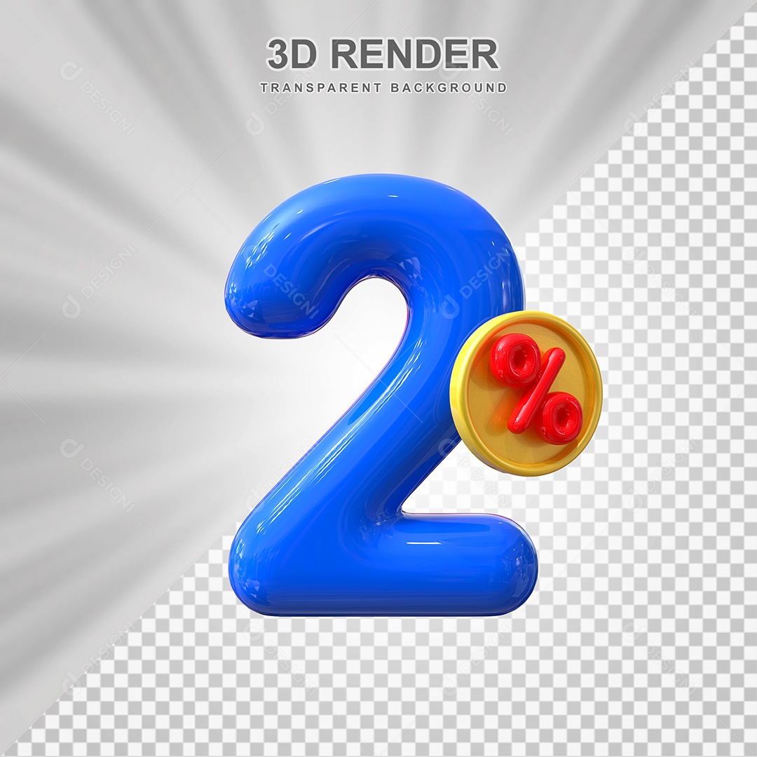 Elemento 3D Número 2% Azul Para Composição PSD