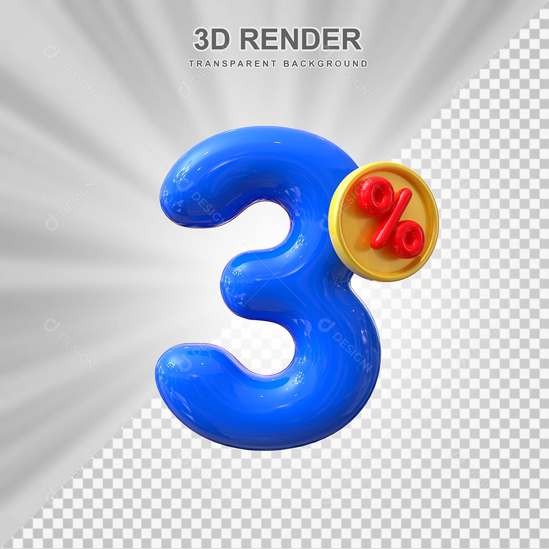 Elemento 3D Número 3% Azul Para Composição PSD