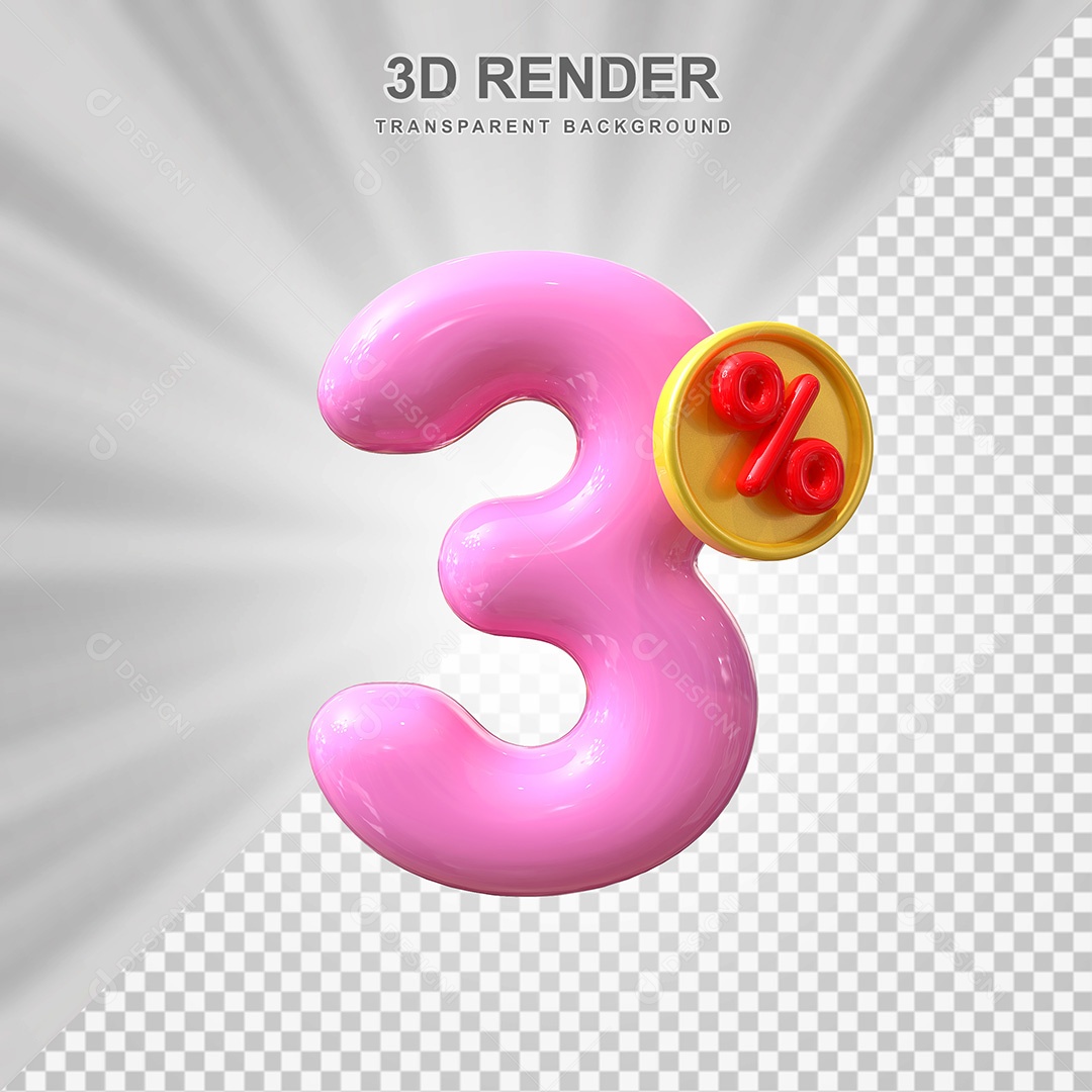 Elemento 3D Número 3% Roso Para Composição PSD