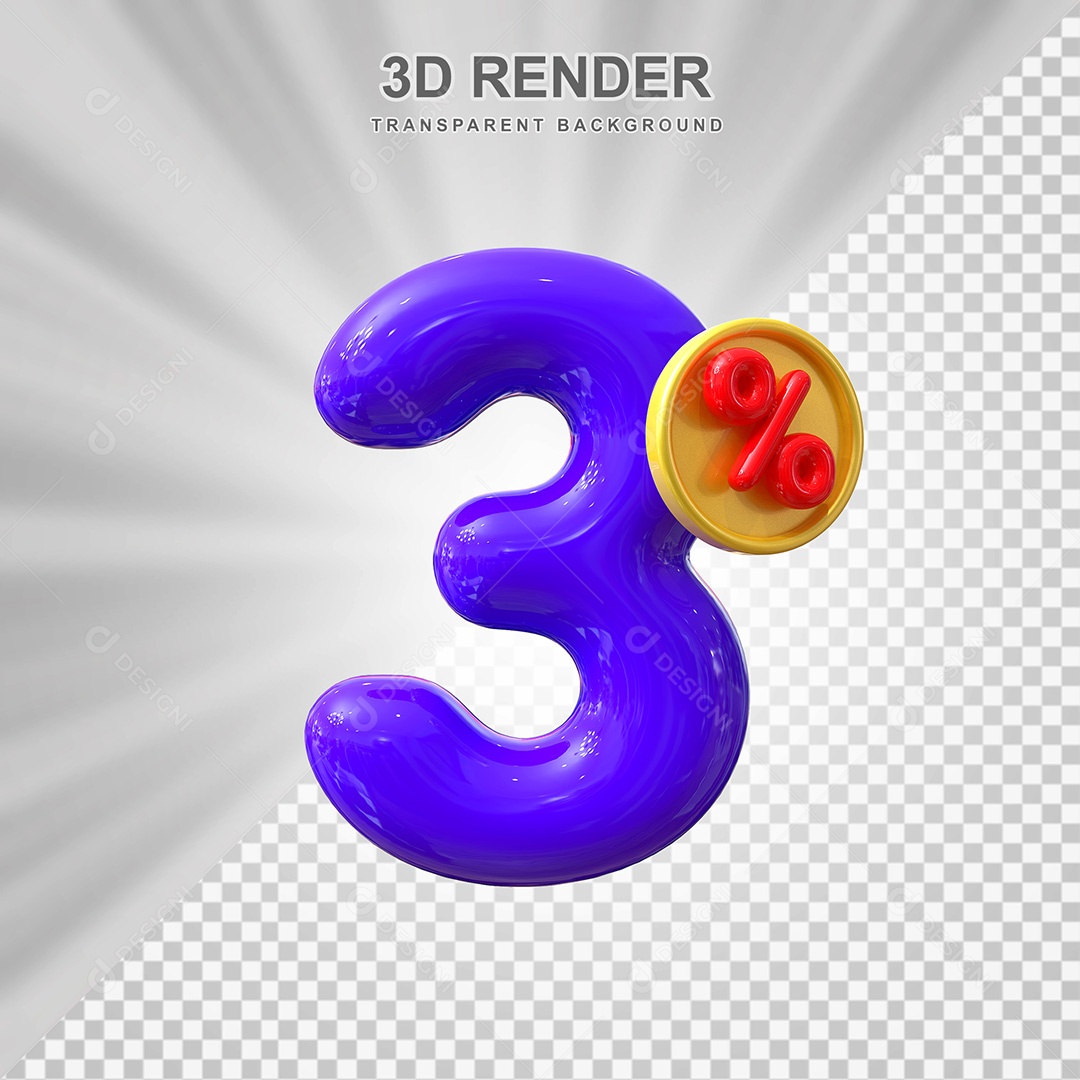 Elemento 3D Número 3% Roxo Para Composição PSD