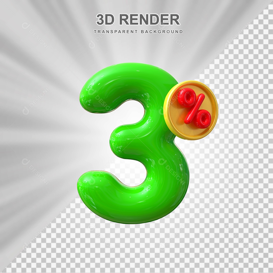 Elemento 3D Número 3% Verde Para Composição PSD