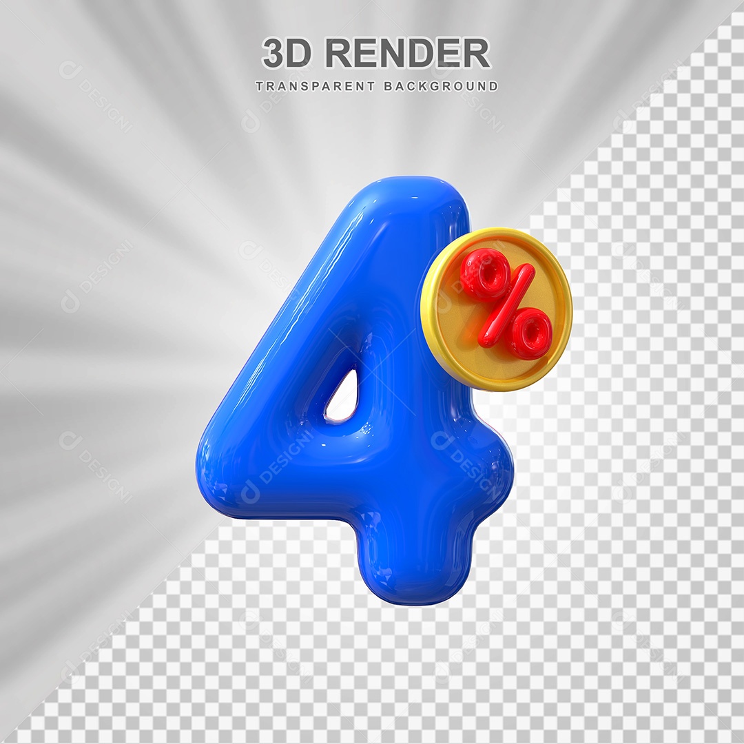 Elemento 3D Número 4% Azul Para Composição PSD