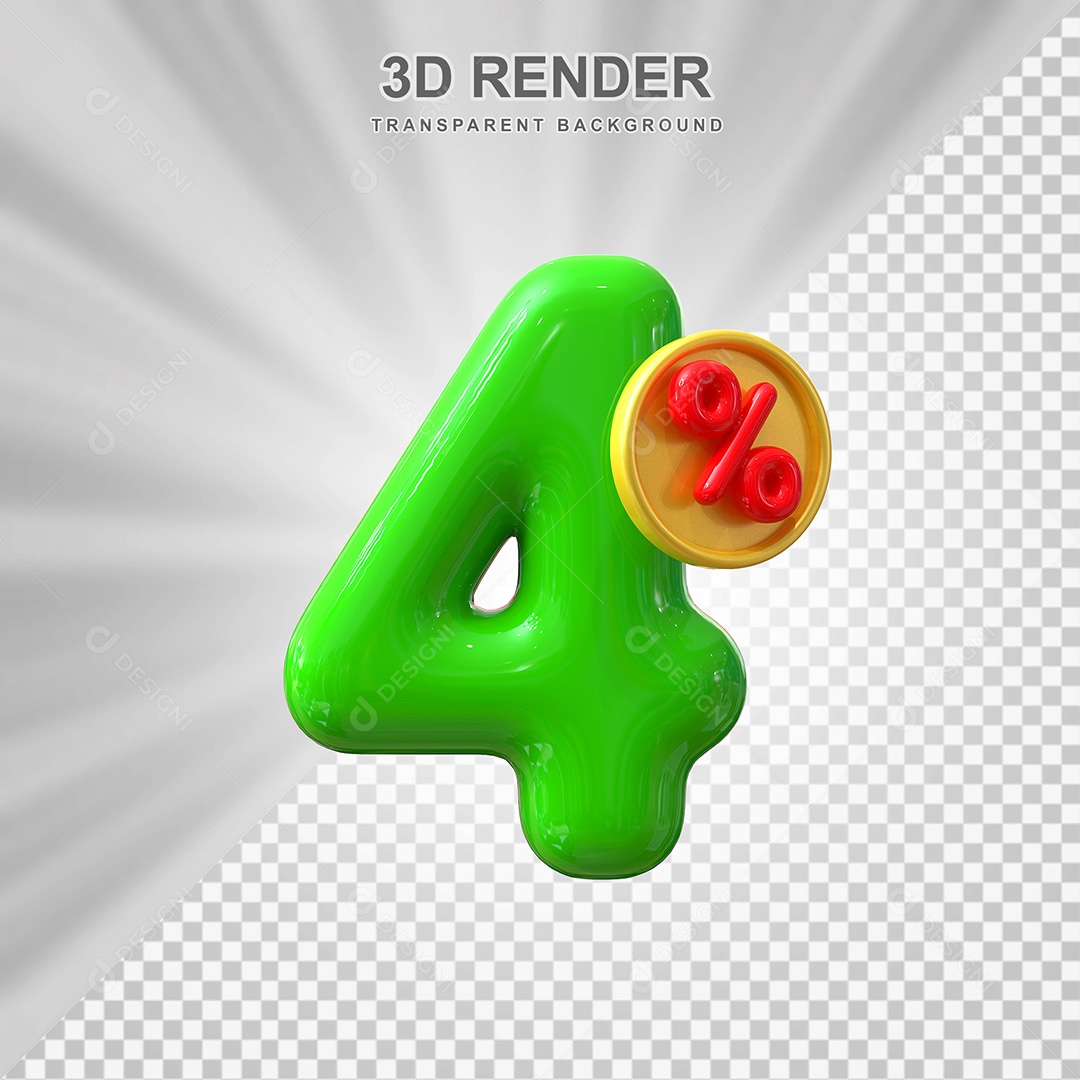 Elemento 3D Número 4% Verde Para Composição PSD