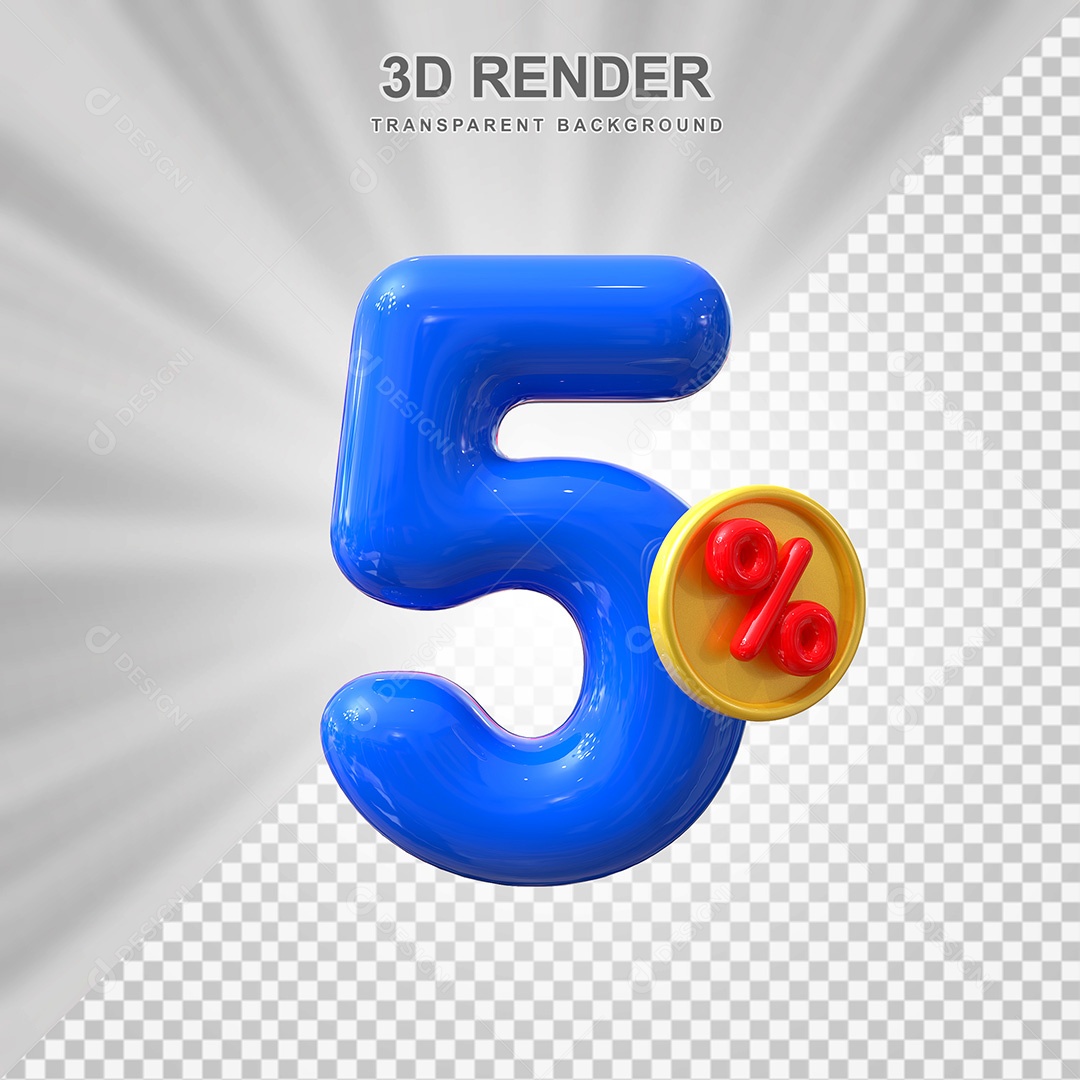 Elemento 3D Número 5% Azul Para Composição PSD