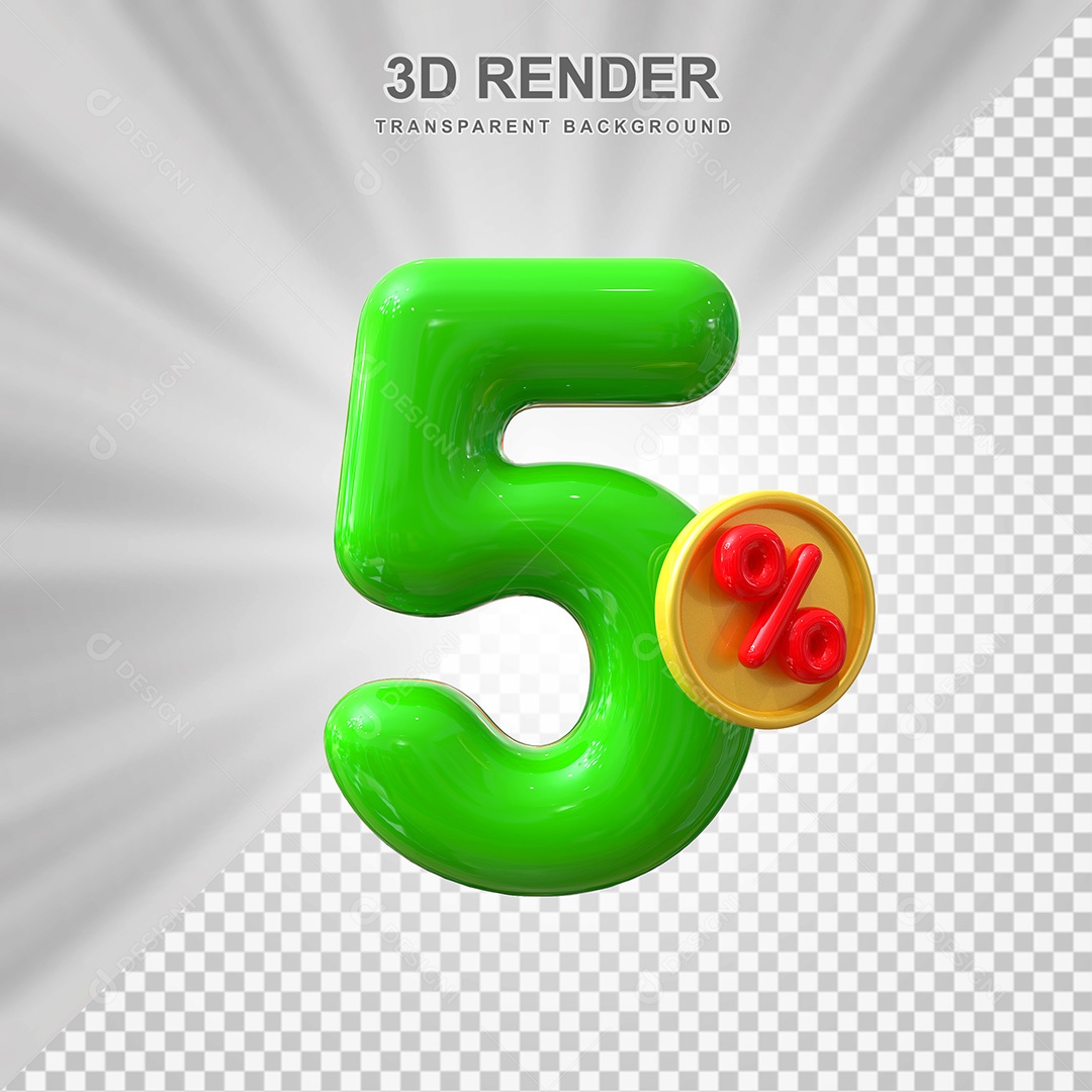 Elemento 3D Número 5% Verde Para Composição PSD