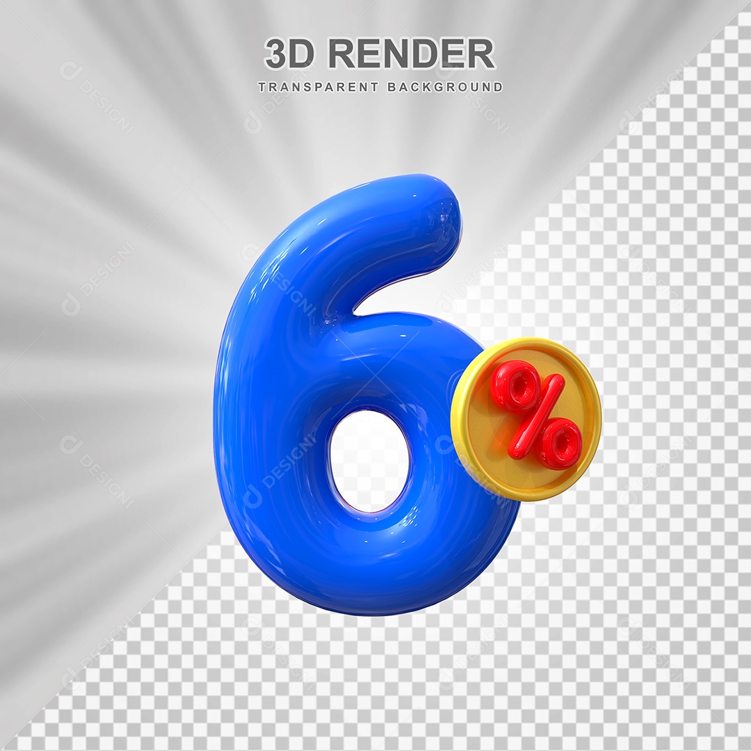 Elemento 3D Número 6% Azul Para Composição PSD