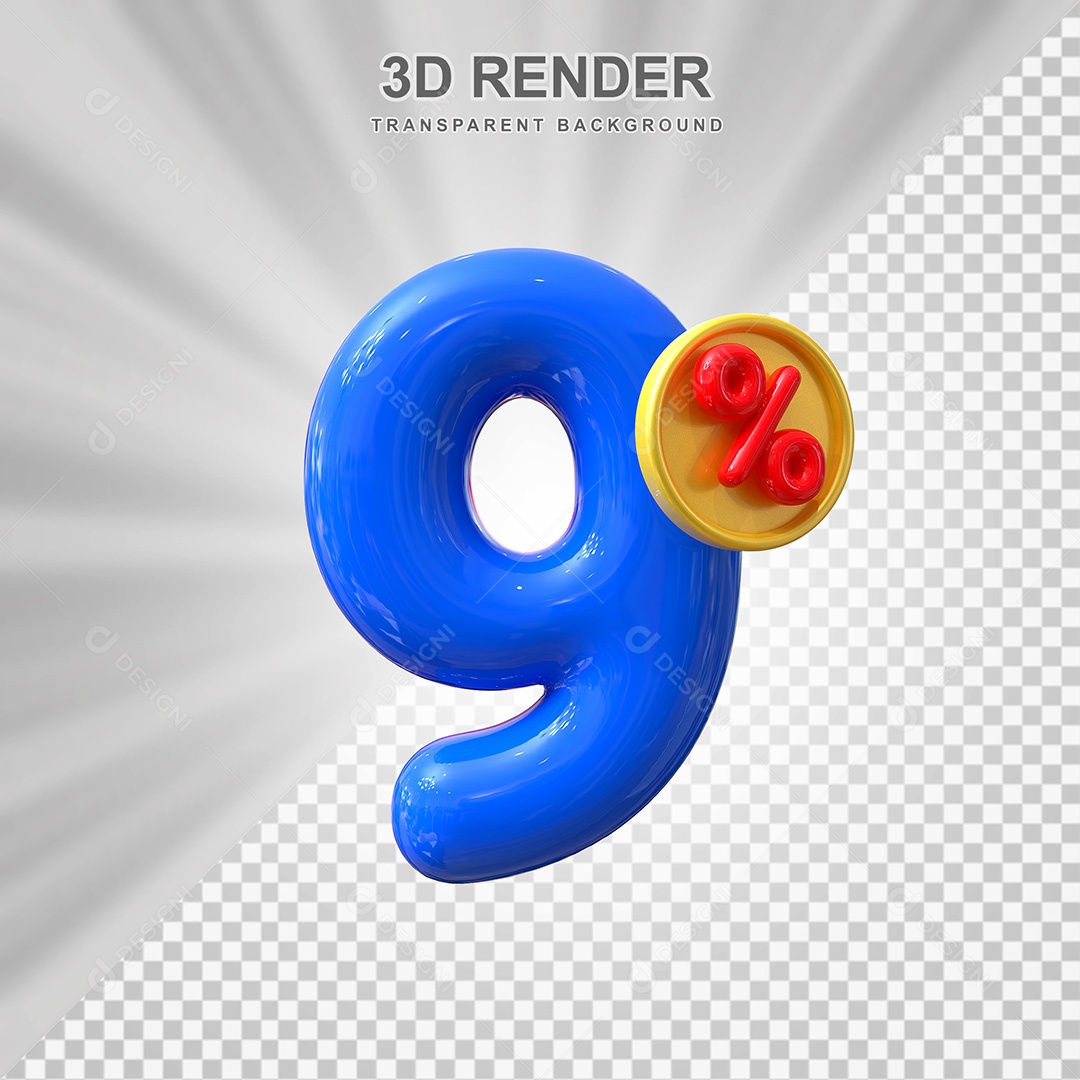 Elemento 3D Número 9% Azul Para Composição PSD
