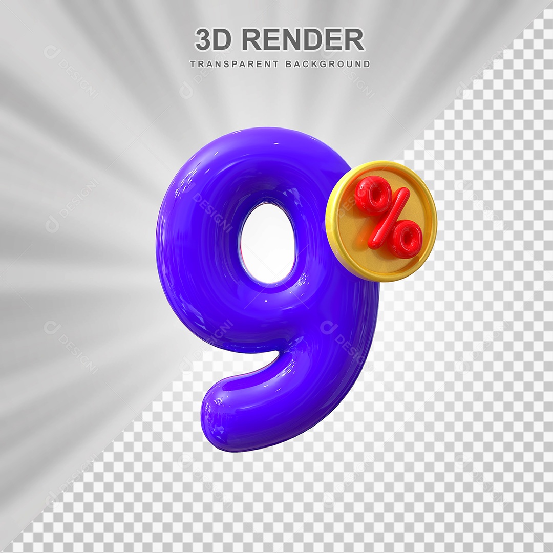 Elemento 3D Número 9% Roxo Para Composição PSD