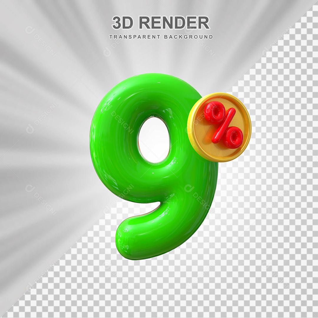 Elemento 3D Número 9% Verde Para Composição PSD