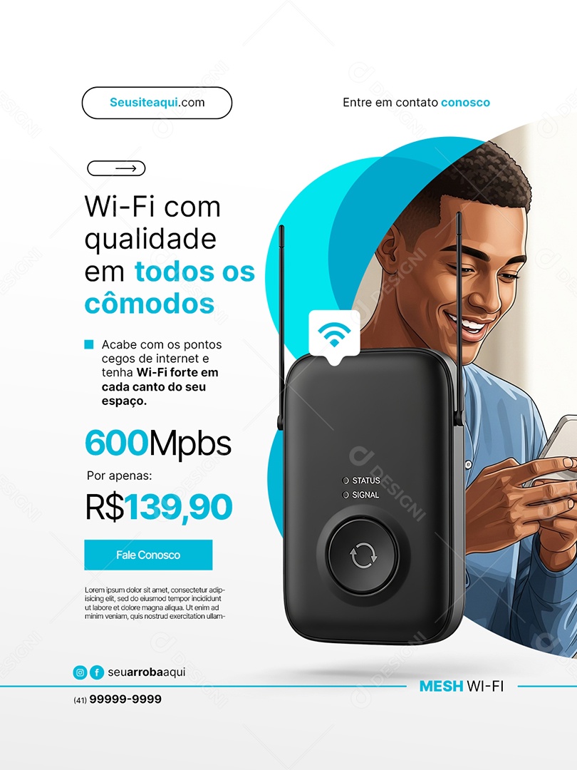 Distribuidor Telecom Wi-Fi com Qualidade em Todos os Cômodos Social Media PSD Editável