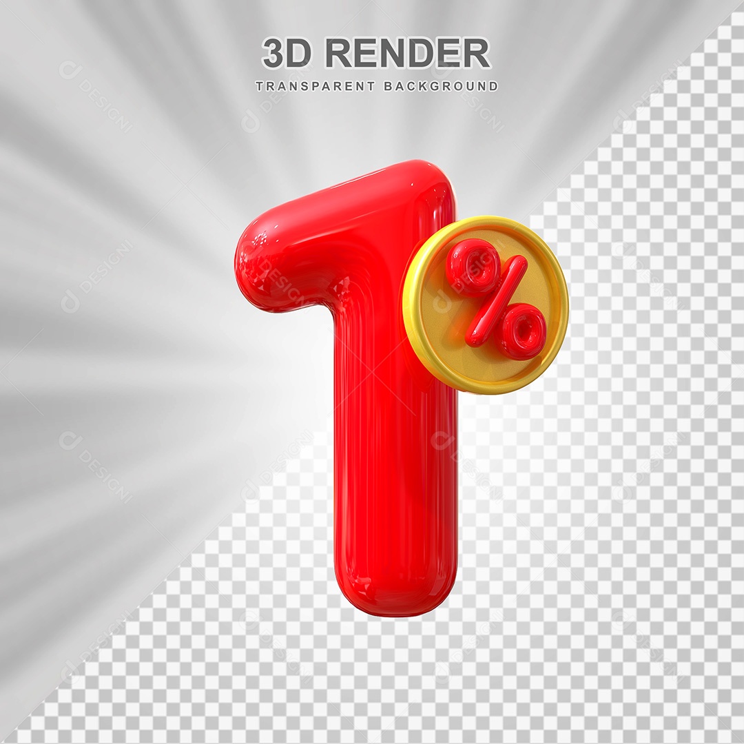 Elemento 3D Número 1% Vermelho Para Composição PSD