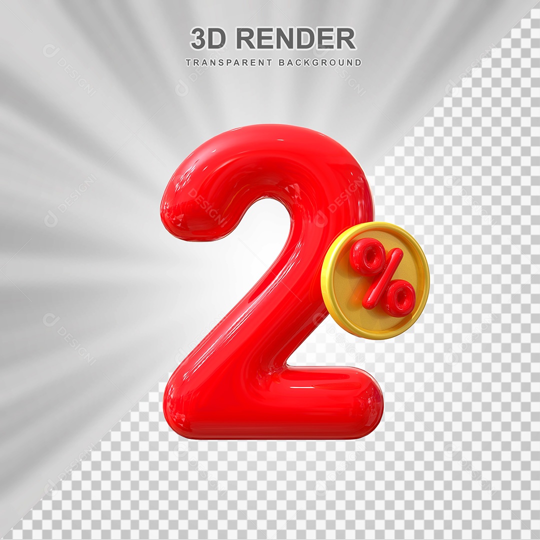 Elemento 3D Número 2% Vermelho Para Composição PSD