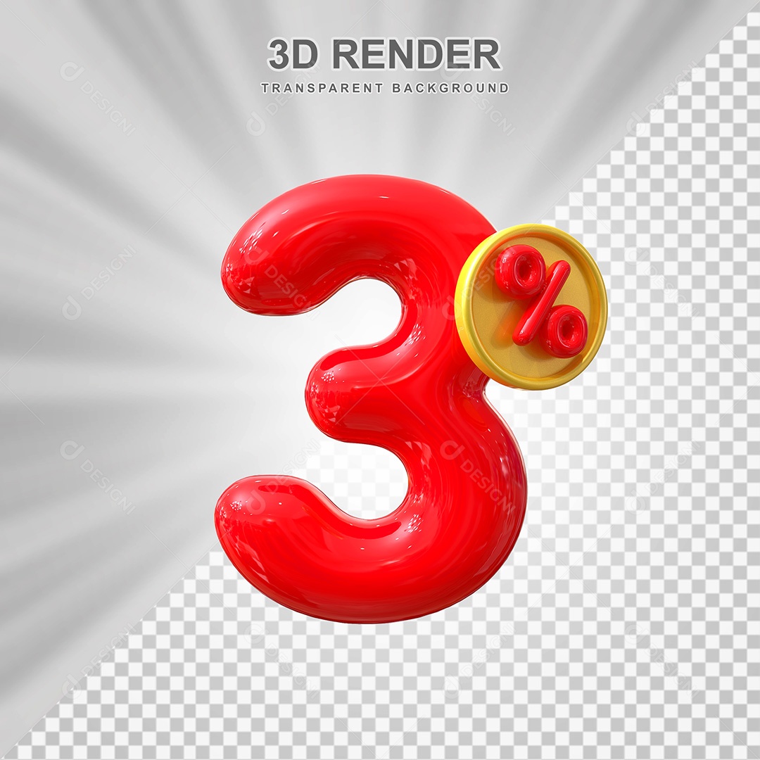 Elemento 3D Número 3% Vermelho Para Composição PSD