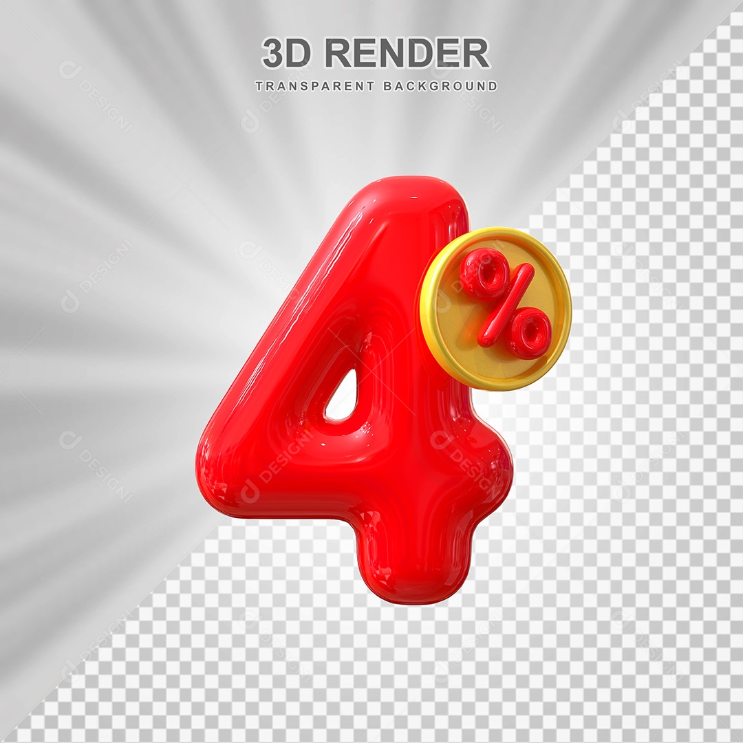 Elemento 3D Número 4% Vermelho Para Composição PSD