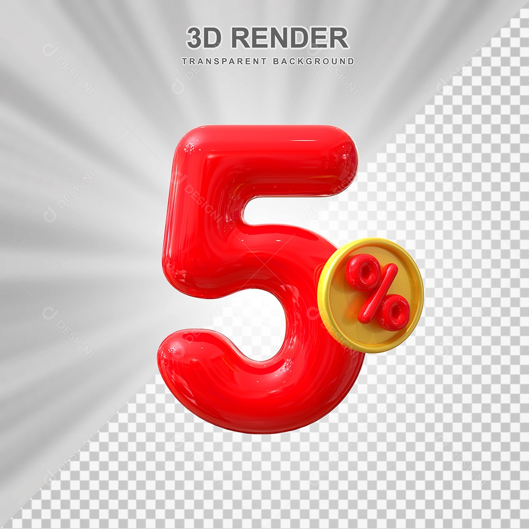 Elemento 3D Número 5% Vermelho Para Composição PSD