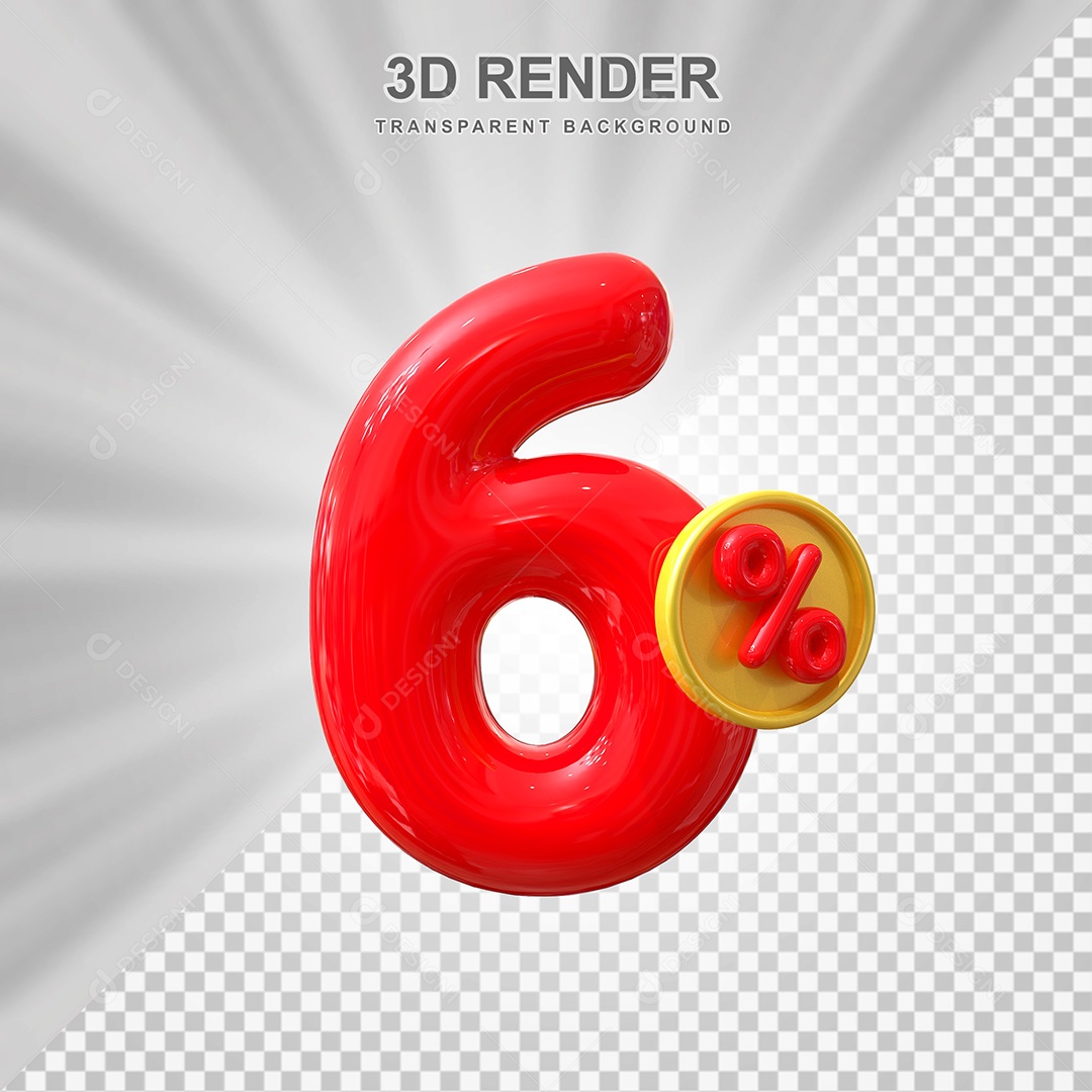 Elemento 3D Número 6% Vermelho Para Composição PSD