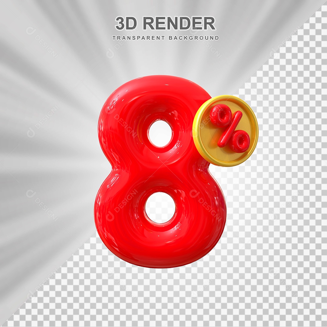 Elemento 3D Número 8% Vermelho Para Composição PSD