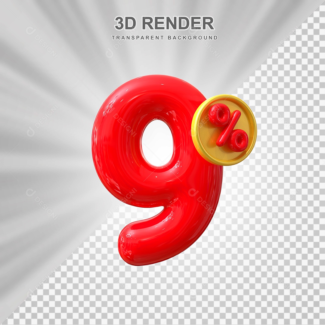 Elemento 3D Número 9% Vermelho Para Composição PSD