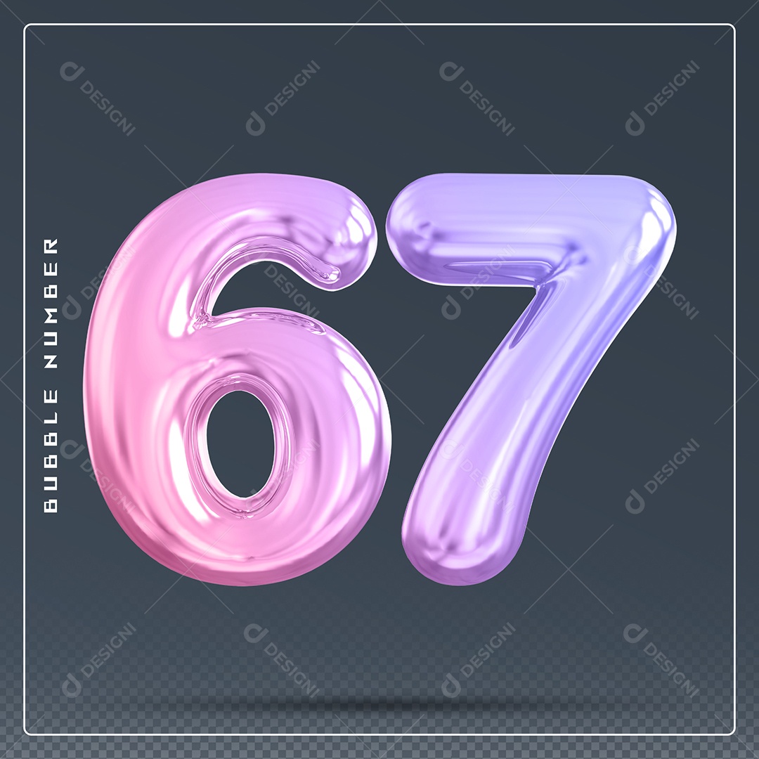 Elemento 3D Número 67 Colorido para Composição PSD