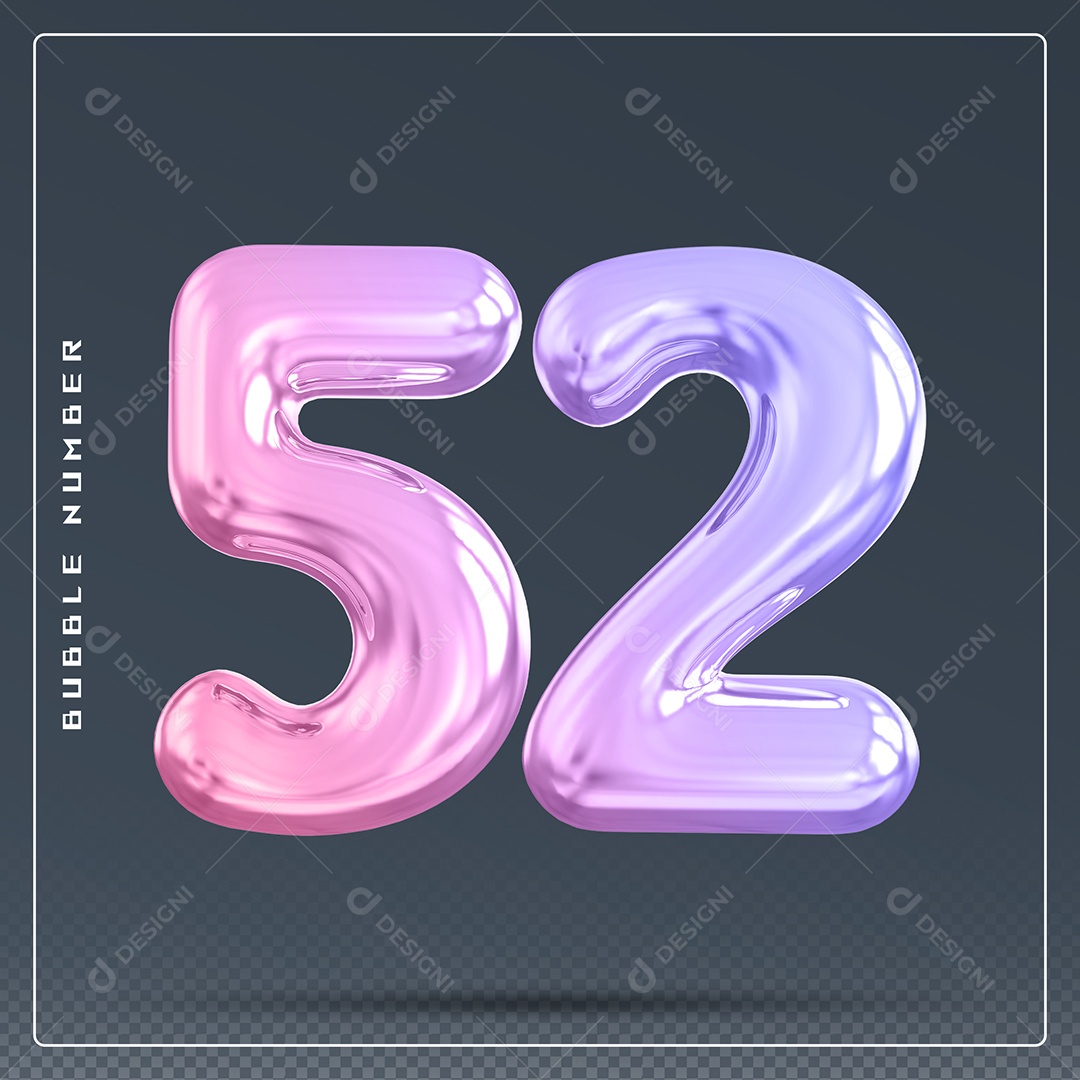 Elemento 3D Número 52 Colorido para Composição PSD