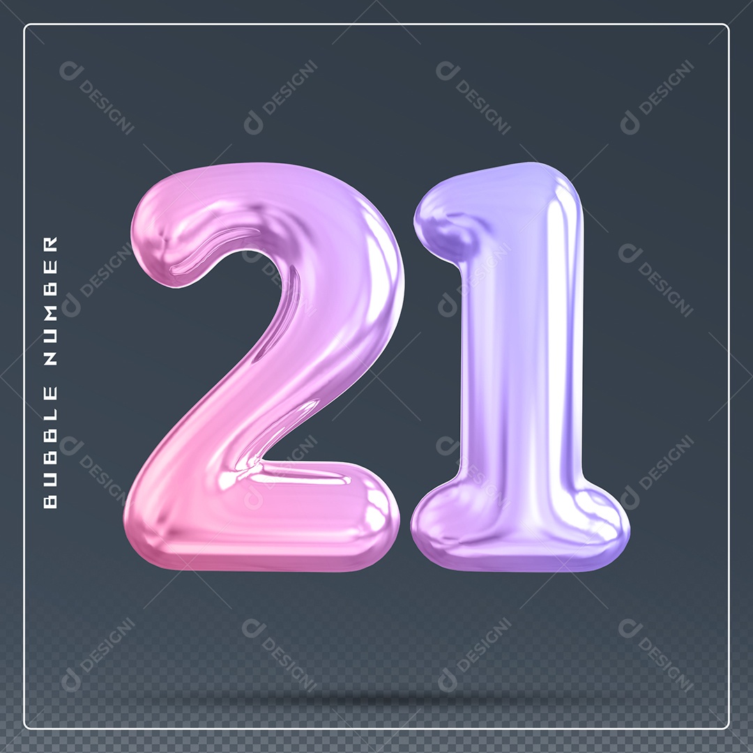Elemento 3D Número 21 Colorido para Composição PSD