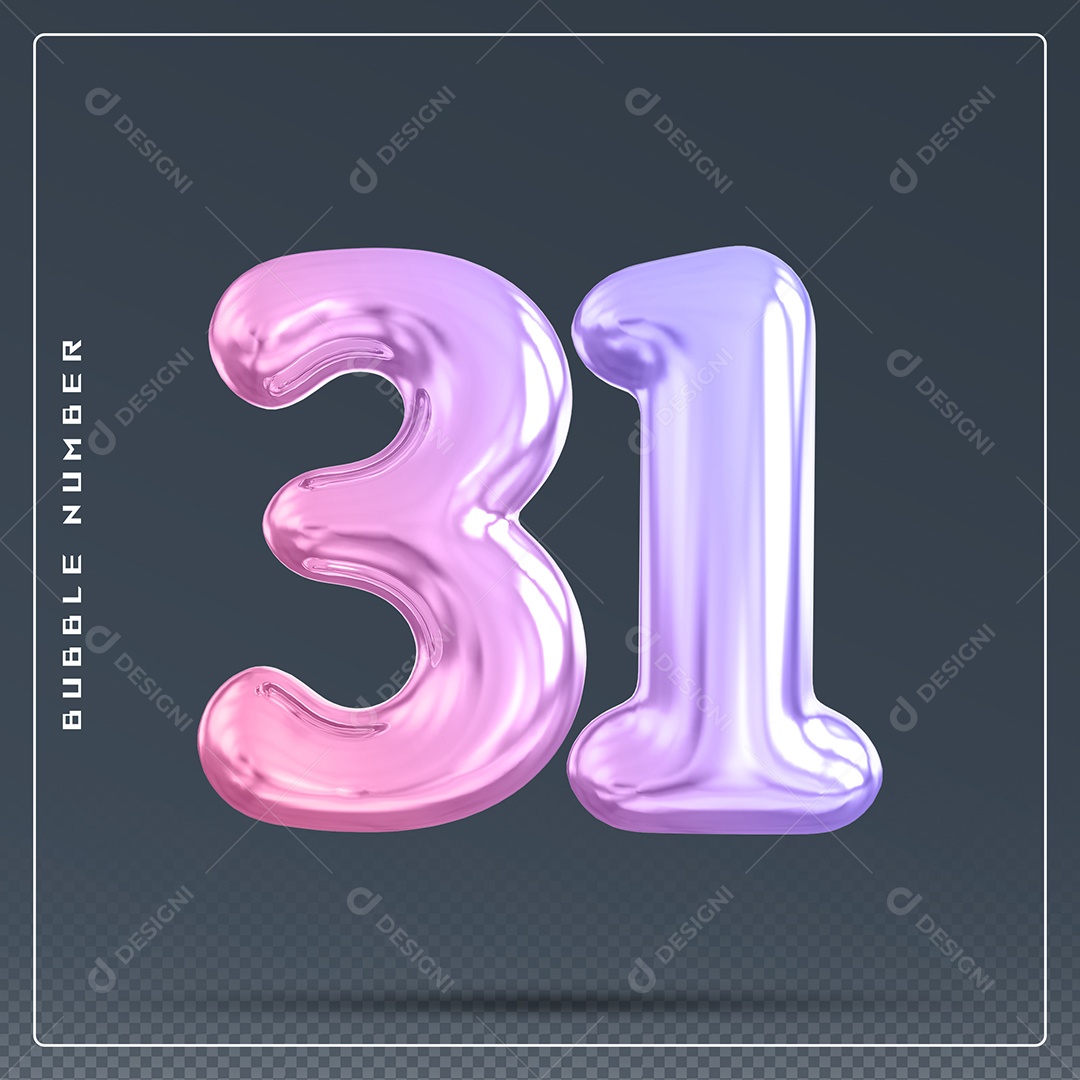 Elemento 3D Número 31 Colorido para Composição PSD