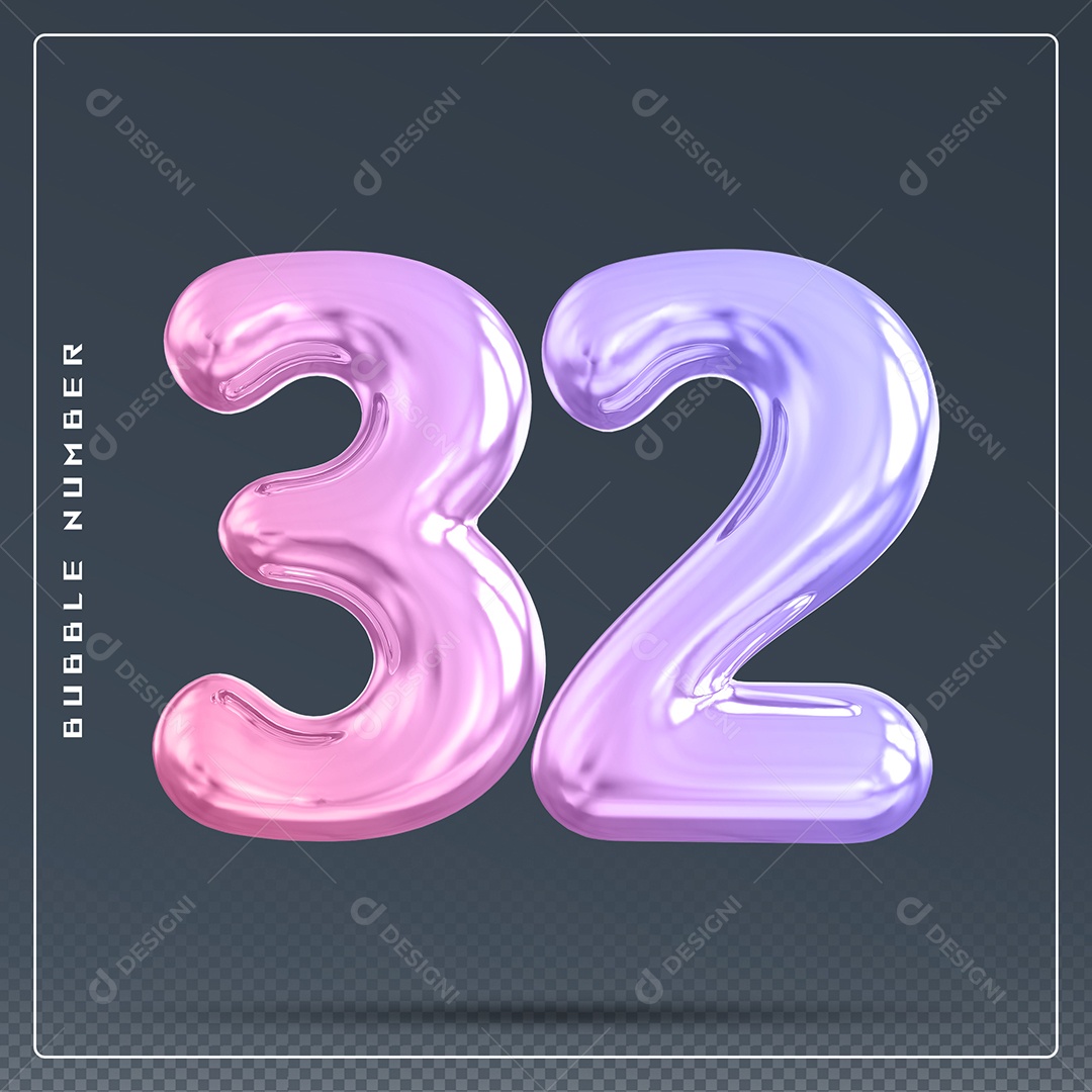 Elemento 3D Número 32 Colorido para Composição PSD