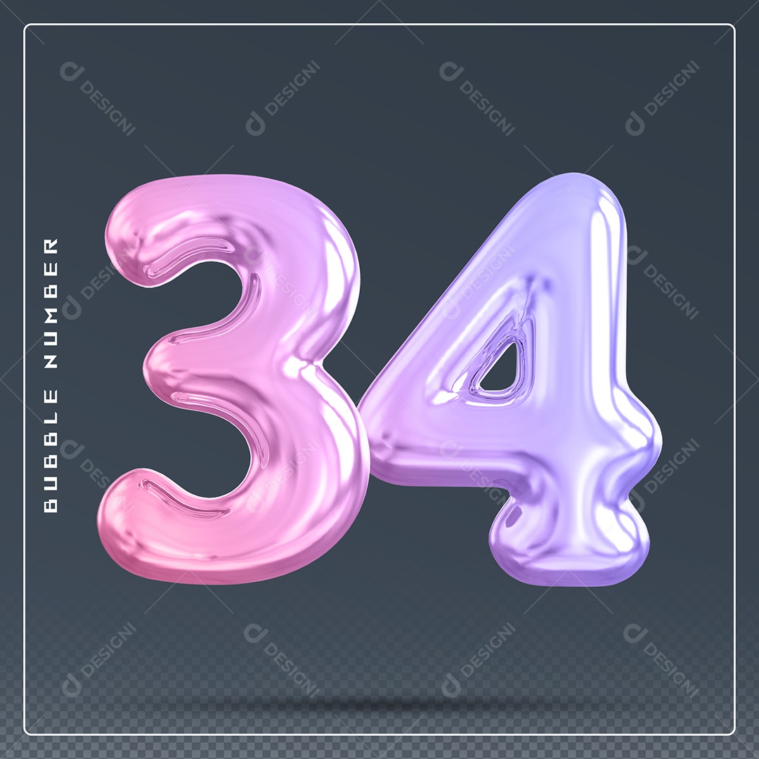 Elemento 3D Número 34 Colorido para Composição PSD