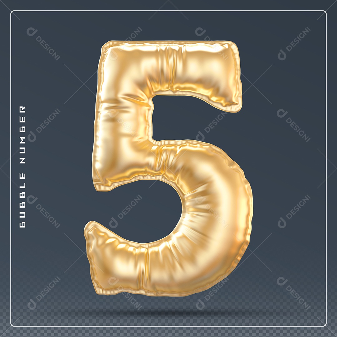 Elemento 3D Número 5 Dourado para Composição PSD