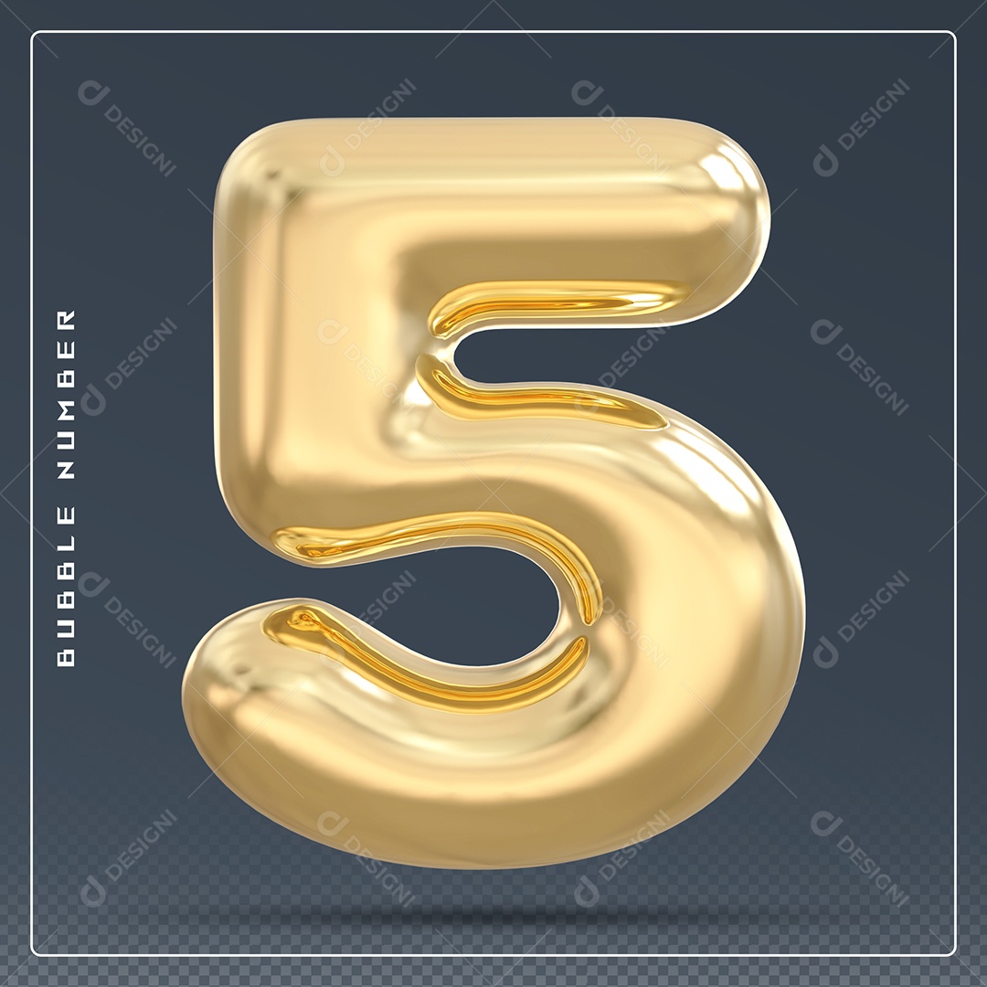 Elemento 3D Número 5 Dourado para Composição PSD
