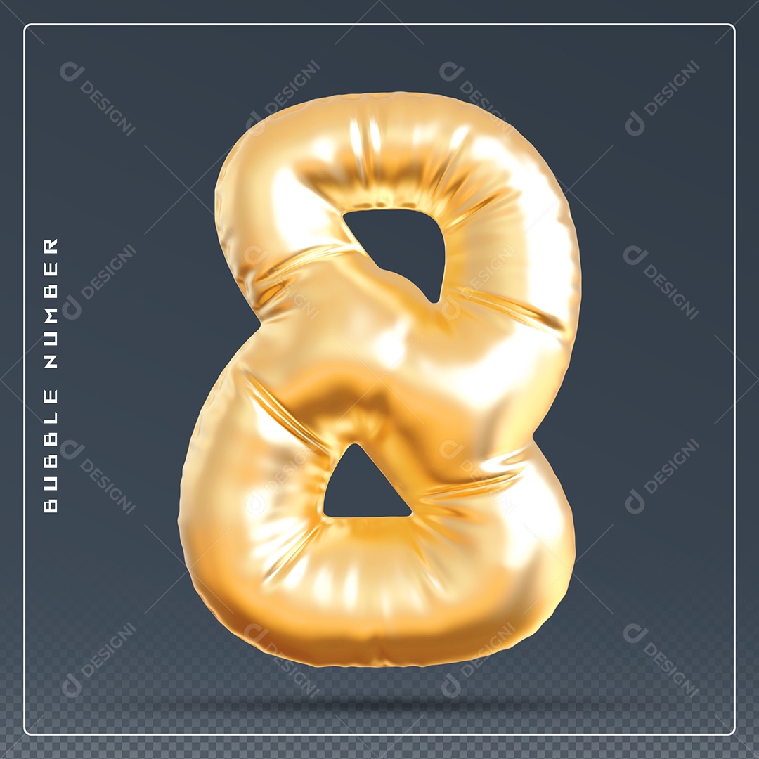 Elemento 3D Número 8 Dourado para Composição PSD