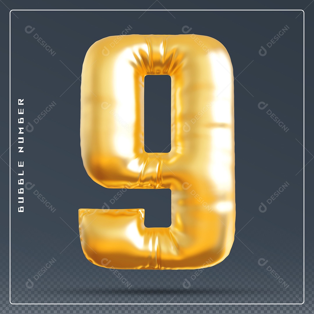 Elemento 3D Número 9 Dourado para Composição PSD
