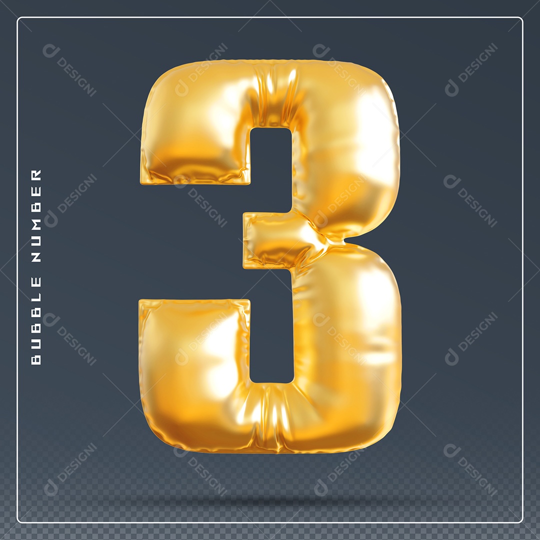 Elemento 3D Número 3 Dourado para Composição PSD