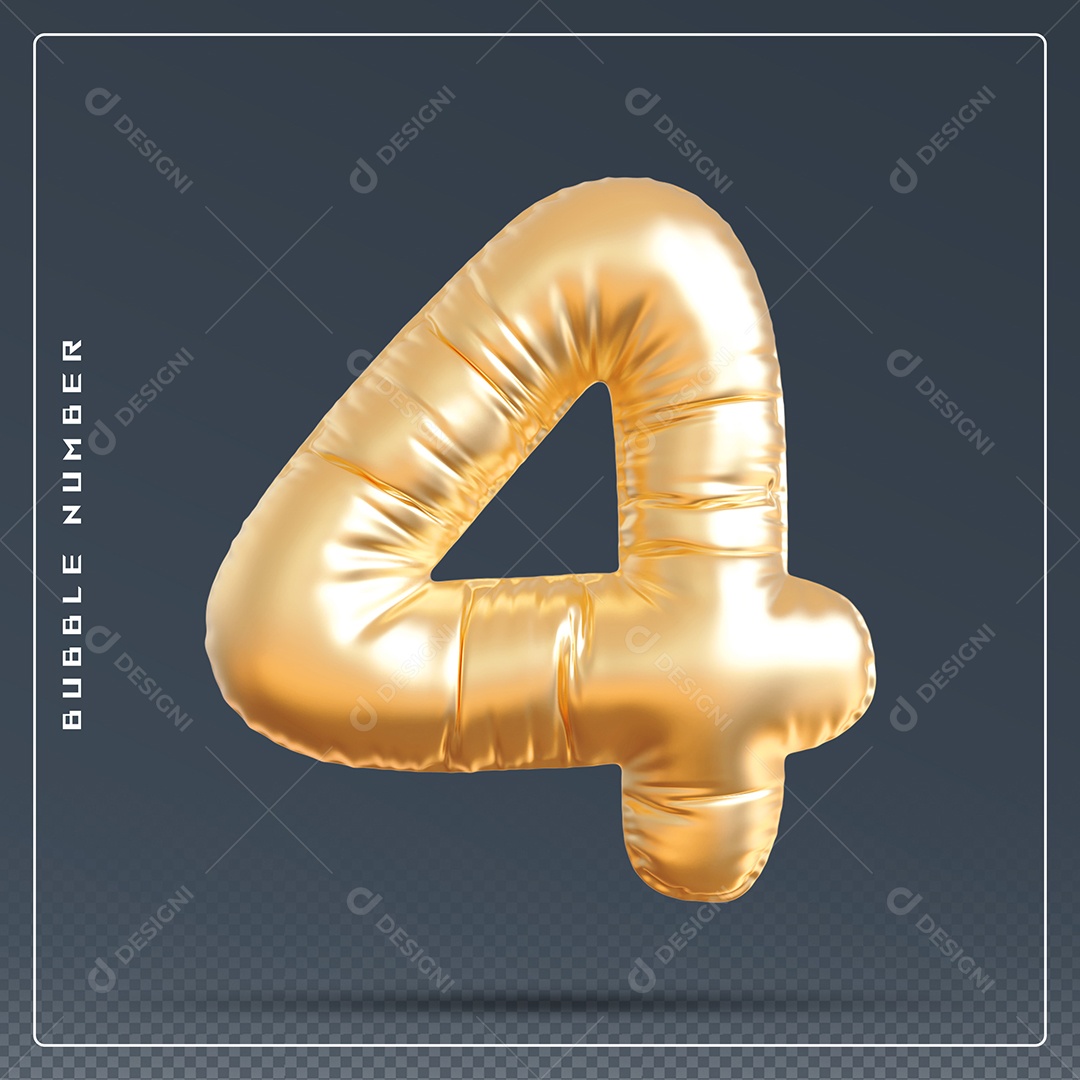 Elemento 3D Número 4 Dourado para Composição PSD