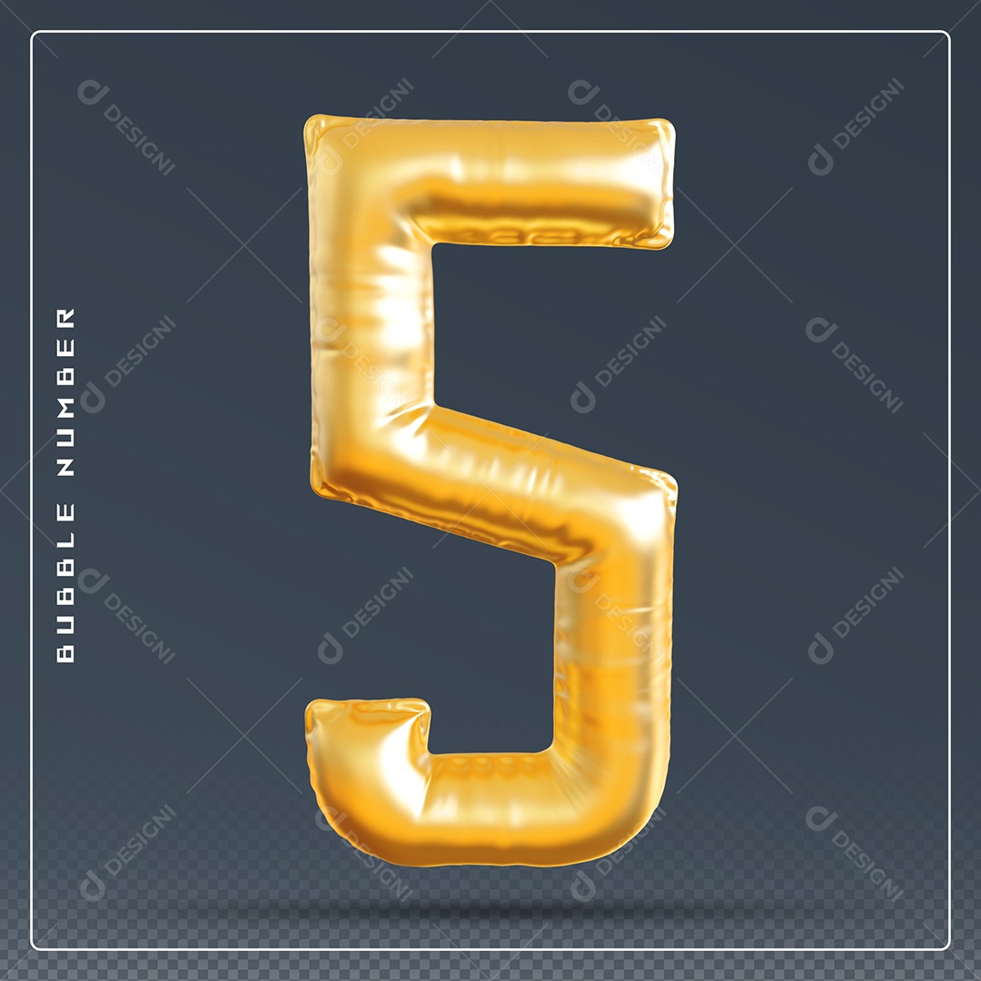 Elemento 3D Número 5 Dourado para Composição PSD