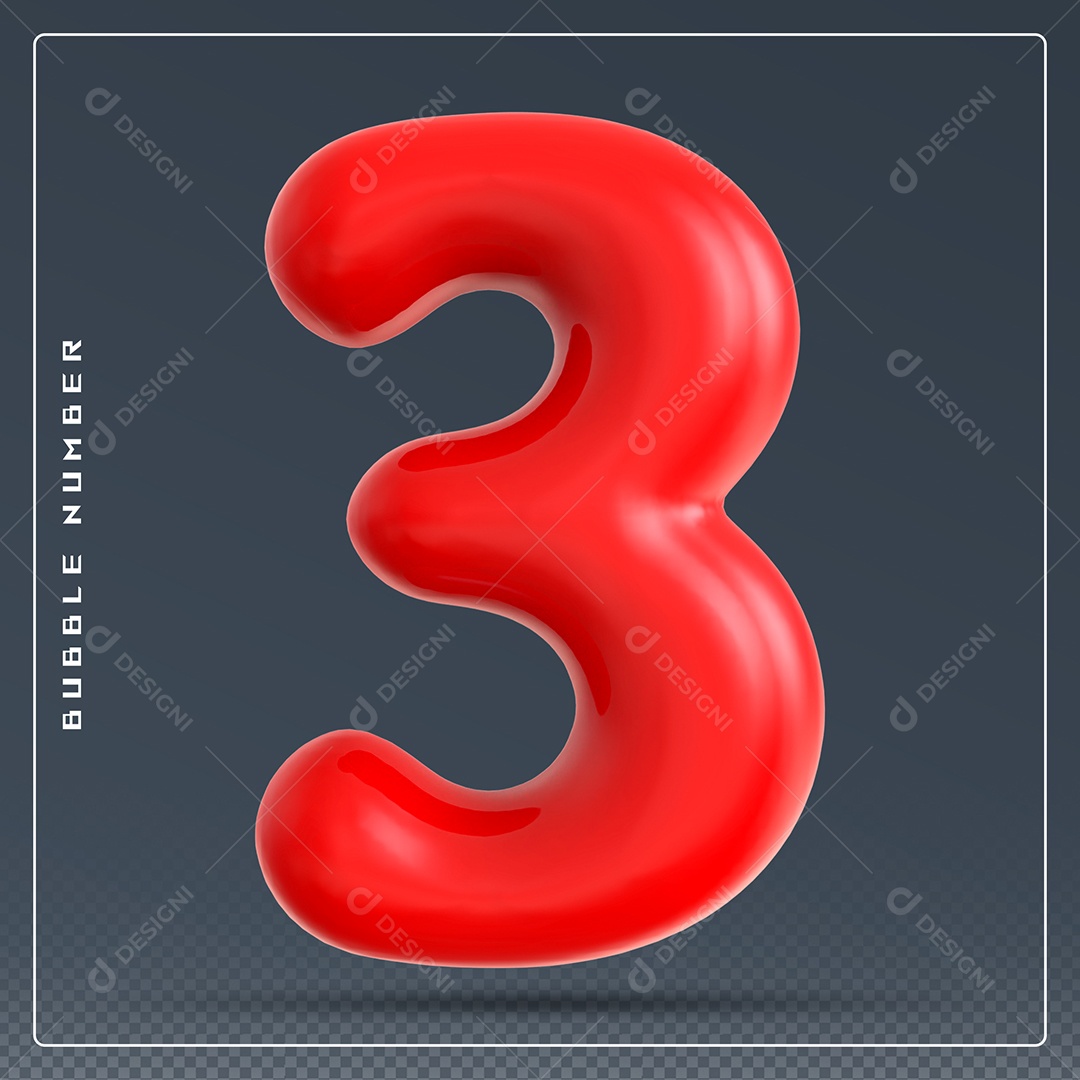 Elemento 3D Número 3 Vermelho para Composição PSD