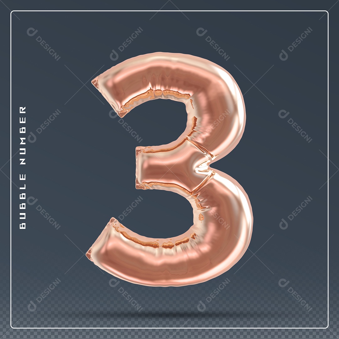 Elemento 3D Número 3 Dourado para Composição PSD