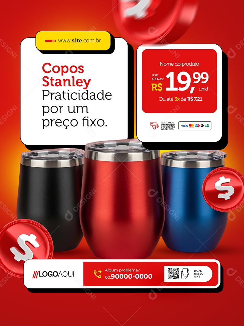 Loja Preço Único Copos Stanley Praticidade Social Media PSD Editável